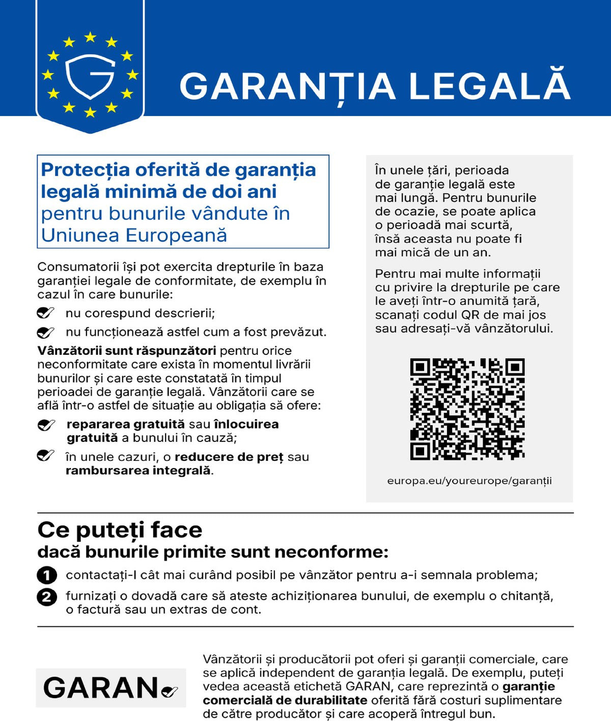 Garanția legală – notificare armonizată UE (garanție legală minimă de doi ani)